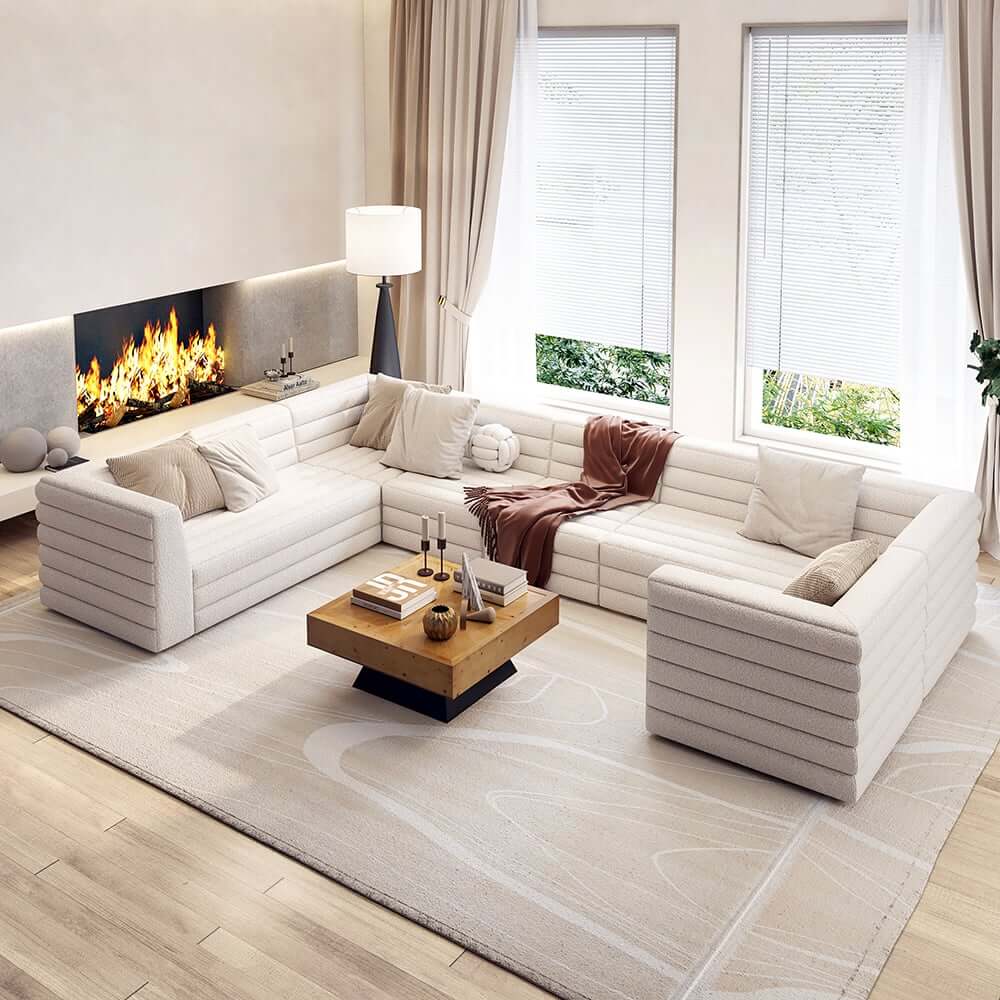 Modern White Boucle U-Shaped Modular Sectional Sofa Set