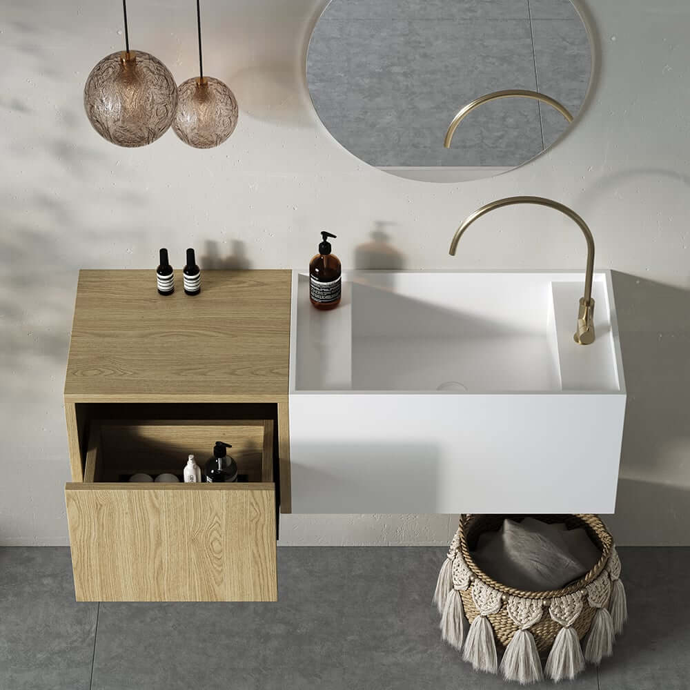 Modern White & Brown Stone Resin Wall-Mounted Bathroom Vanity