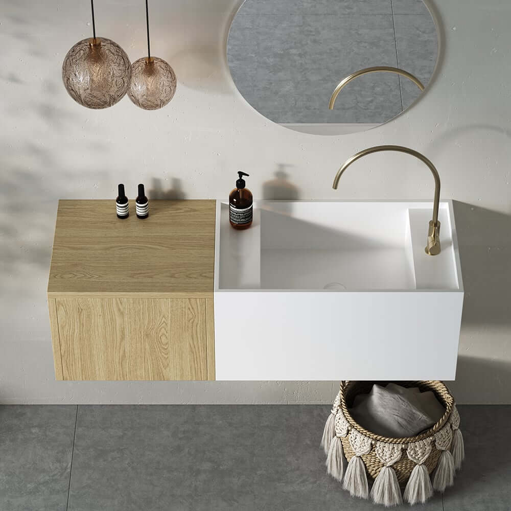 Modern White & Brown Stone Resin Wall-Mounted Bathroom Vanity