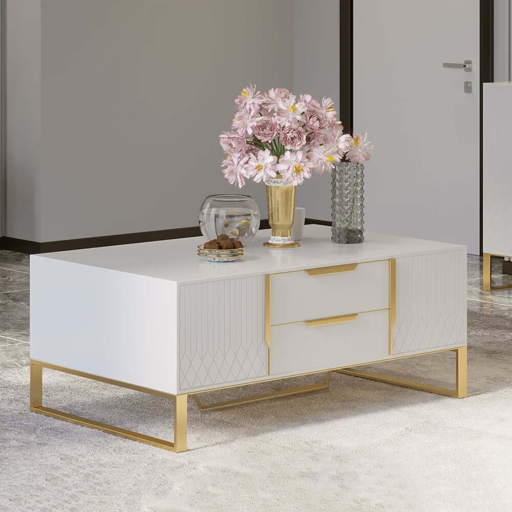 Modern White Coffee Table With Gold Sled Base And Storage