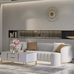 Modern White Coffee Table With Gold Sled Base And Storage