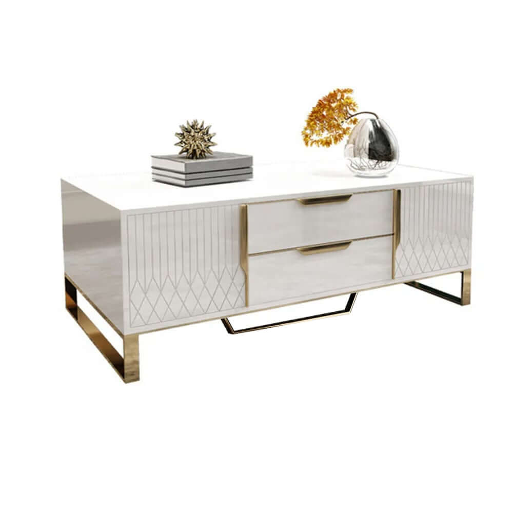 Modern White Coffee Table With Gold Sled Base And Storage