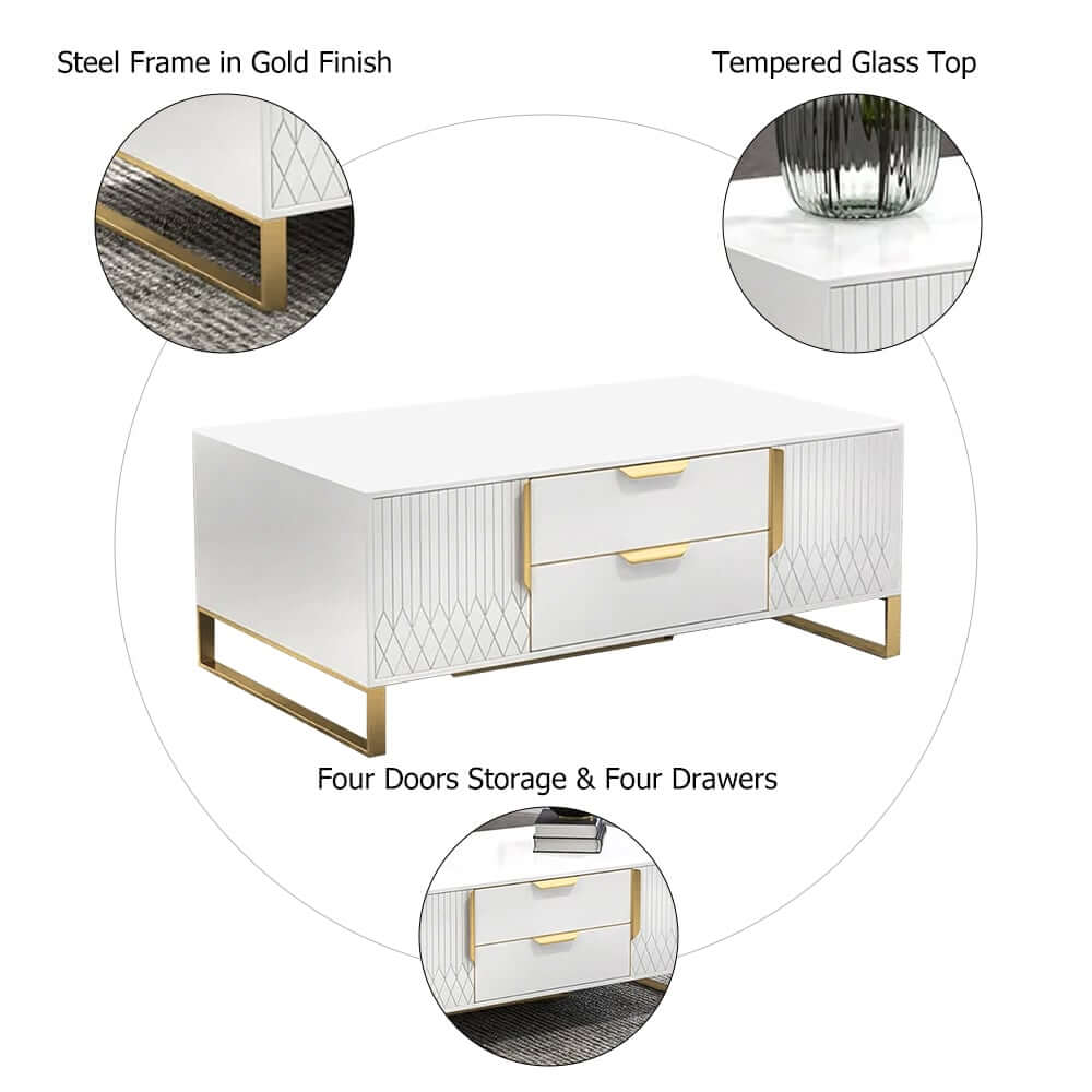 Modern White Coffee Table With Gold Sled Base And Storage