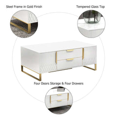Modern White Coffee Table With Gold Sled Base And Storage