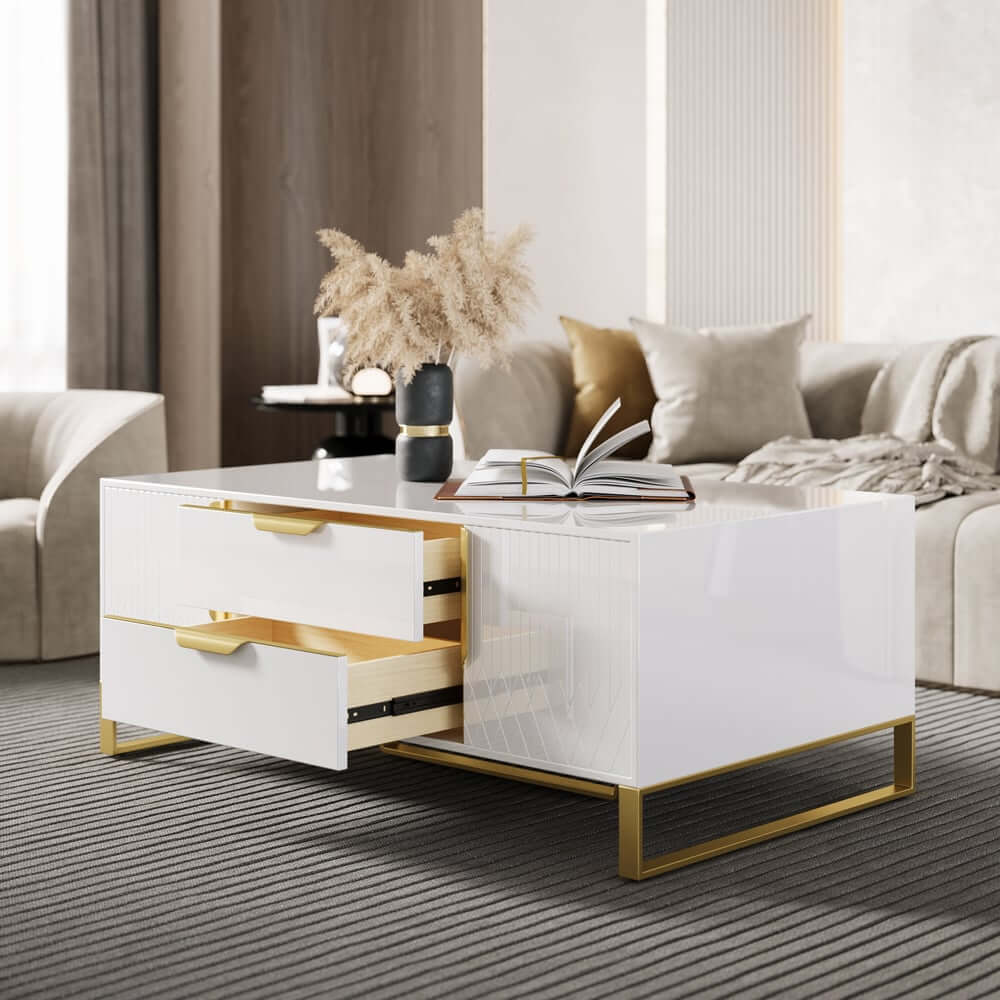 Modern White Coffee Table With Gold Sled Base And Storage