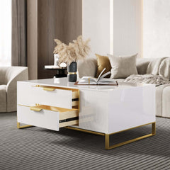 Modern White Coffee Table With Gold Sled Base And Storage
