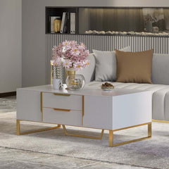 Modern White Coffee Table With Gold Sled Base And Storage