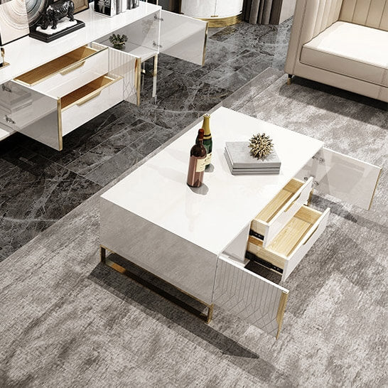 Modern White Coffee Table With Gold Sled Base And Storage
