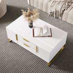 Modern White Coffee Table With Gold Sled Base And Storage