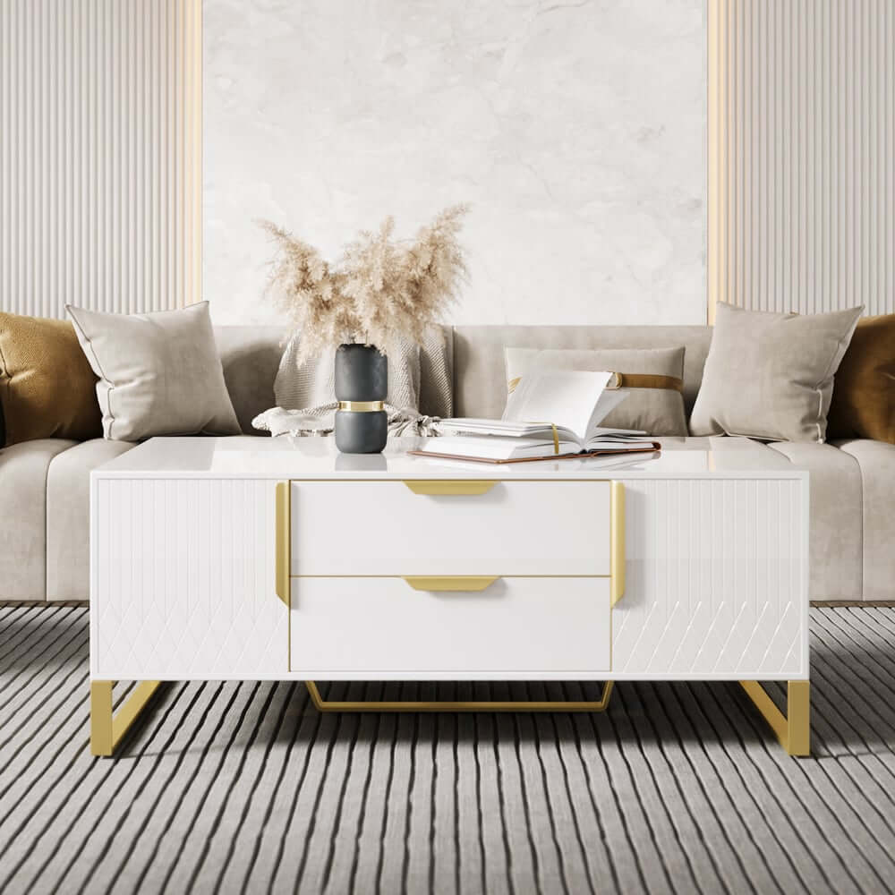 Modern White Coffee Table With Gold Sled Base And Storage