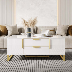 Modern White Coffee Table With Gold Sled Base And Storage