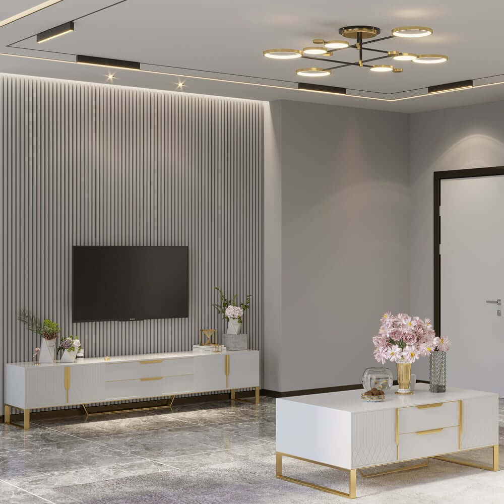 Modern White Coffee Table With Gold Sled Base And Storage