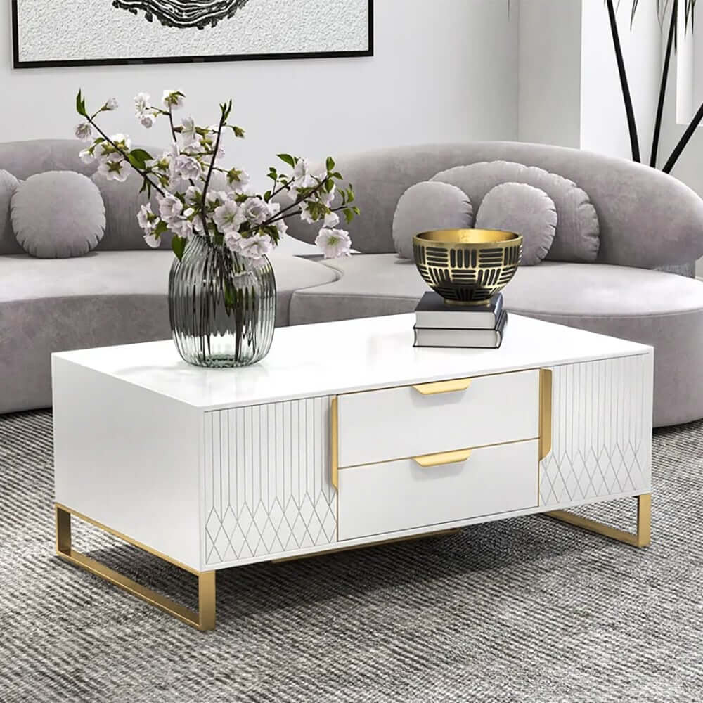 Modern White Coffee Table With Gold Sled Base And Storage Main Product Image