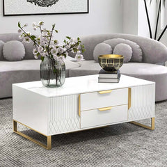 Modern White Coffee Table With Gold Sled Base And Storage Main Product Image