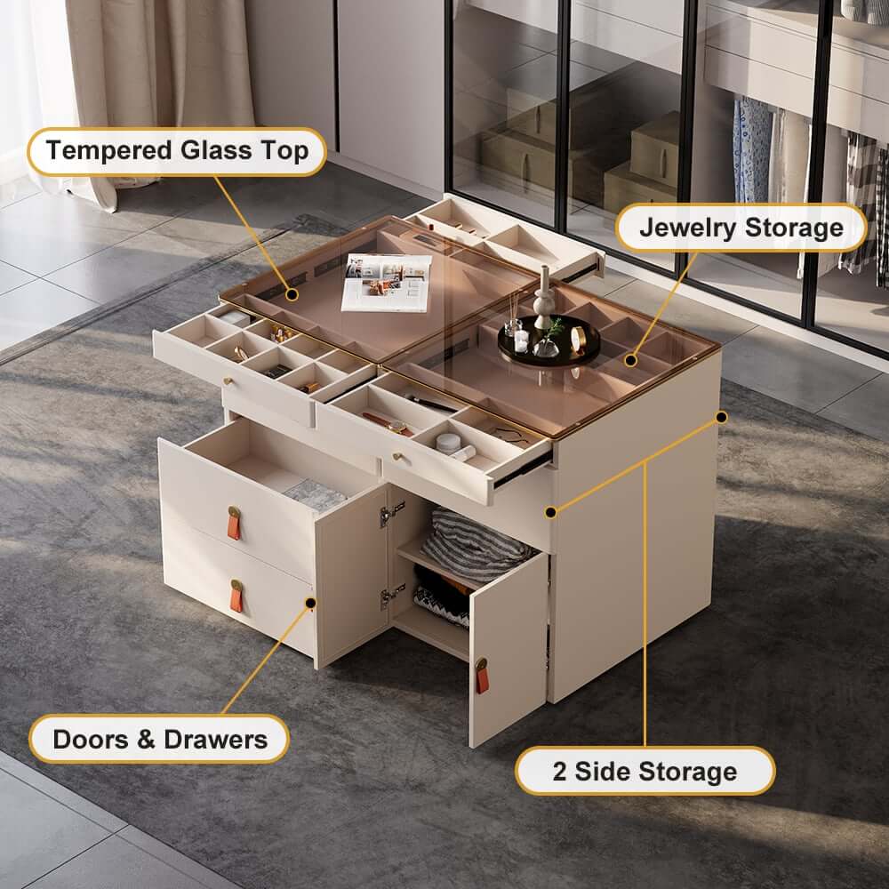 Modern White Dresser with 12 Drawers and Tempered Glass Top