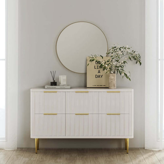 Modern White Dresser With Six Drawers And Gold Accents