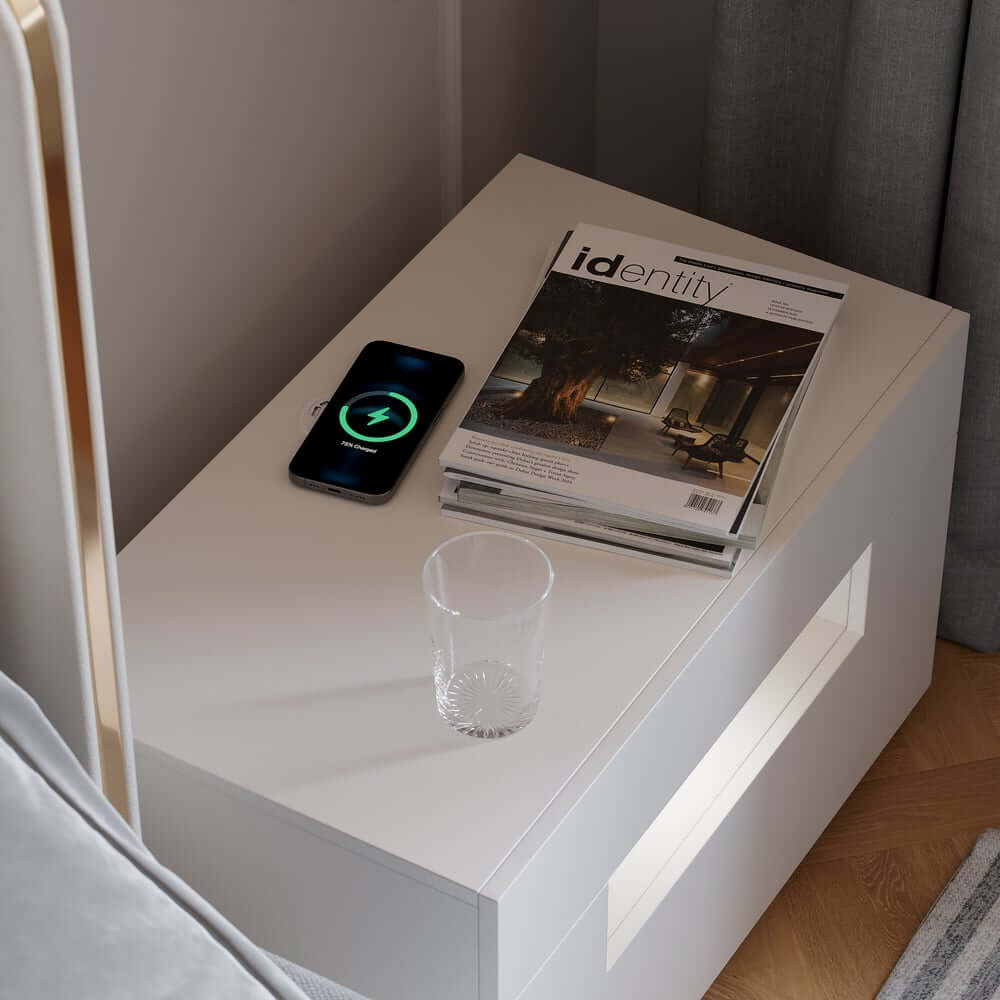 Modern White Engineered Wood Nightstand With USB Ports