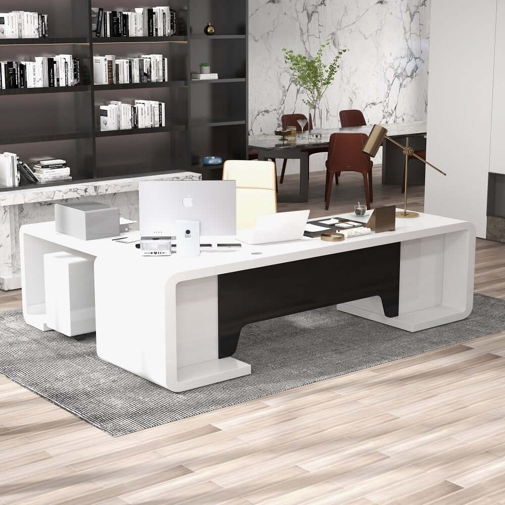 Modern White Executive Desk with Stainless Steel Base