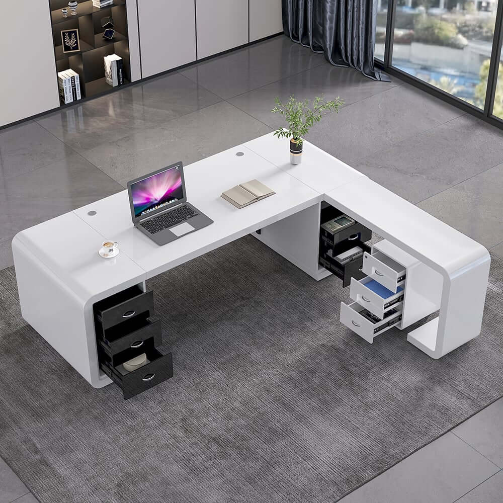 Modern White Executive Desk with Stainless Steel Base