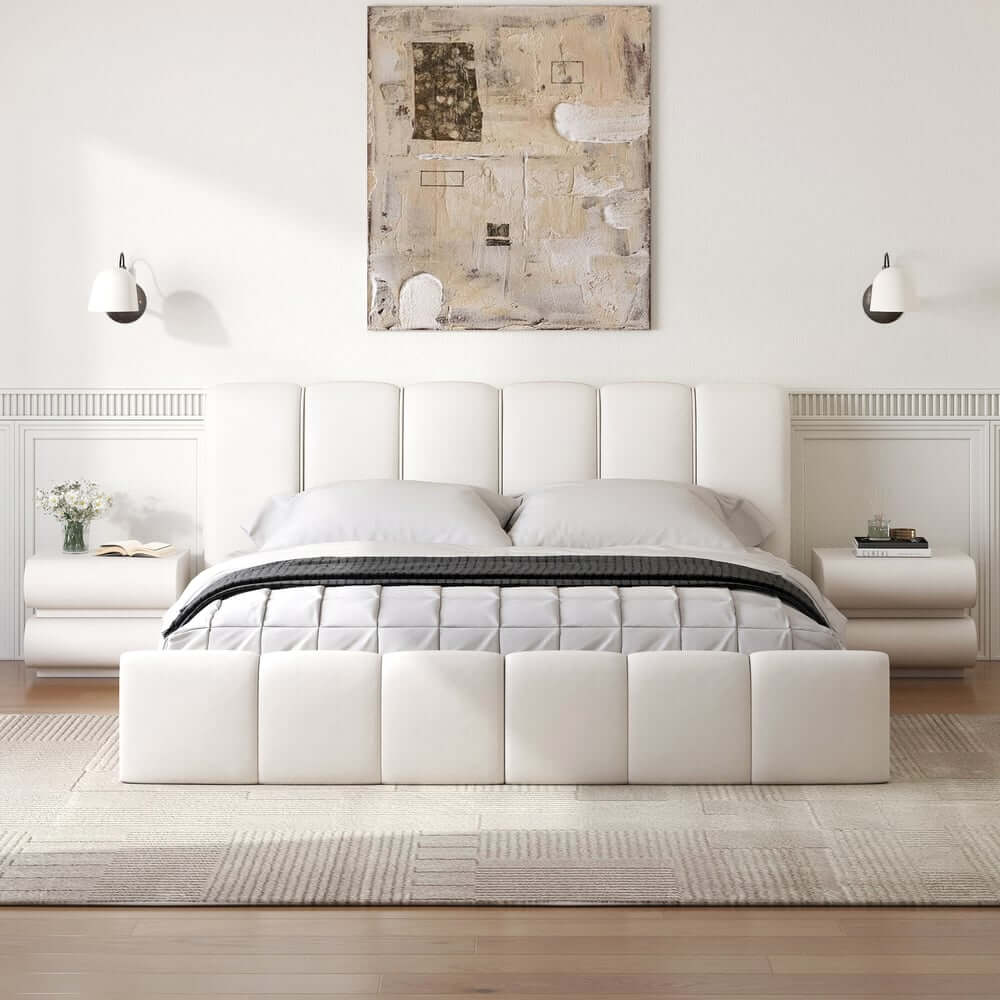 Modern White Faux Leather Bedroom Set with Two-Drawer Storage
