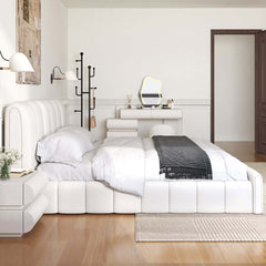 Modern White Faux Leather Bedroom Set with Two-Drawer Storage