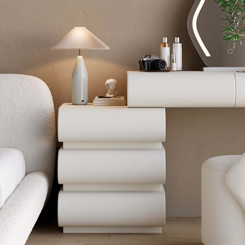 Modern White Faux Leather Bedroom Set with Two-Drawer Storage