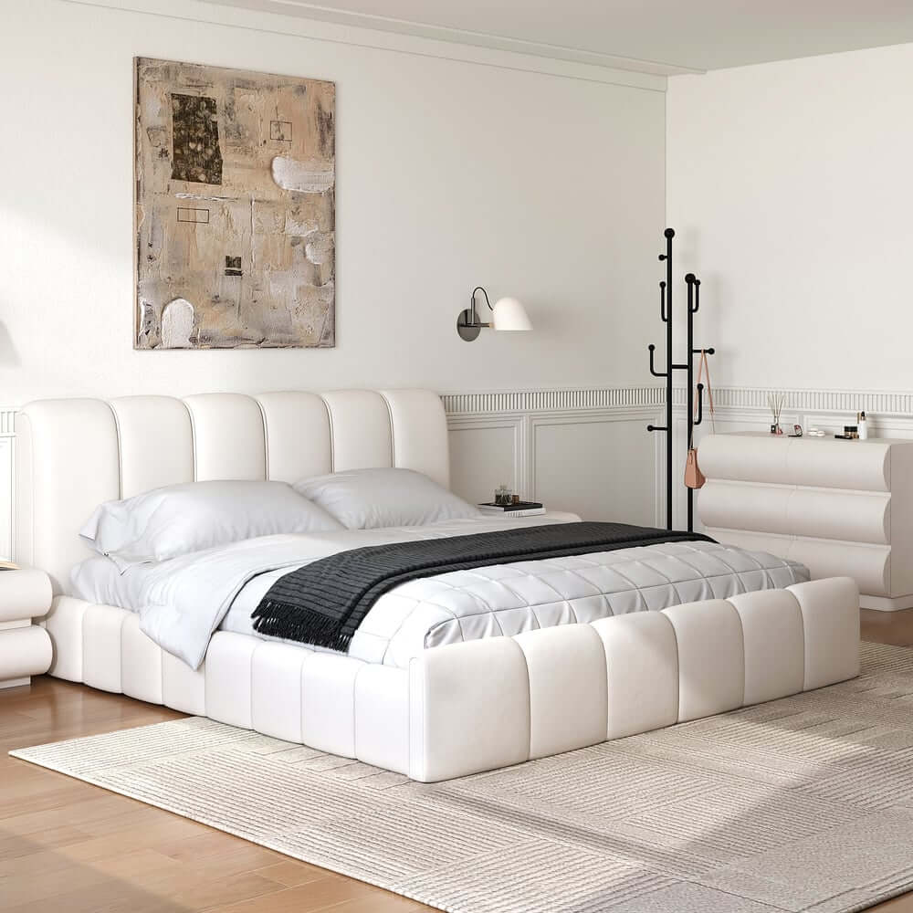 Modern White Faux Leather Bedroom Set with Two-Drawer Storage