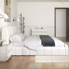 Modern White Faux Leather Bedroom Set with Two-Drawer Storage