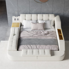 Modern White Faux Leather King Platform Bed With Speaker