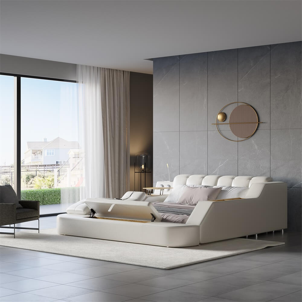 Modern White Faux Leather King Platform Bed With Speaker