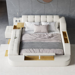 Modern White Faux Leather King Platform Bed With Speaker