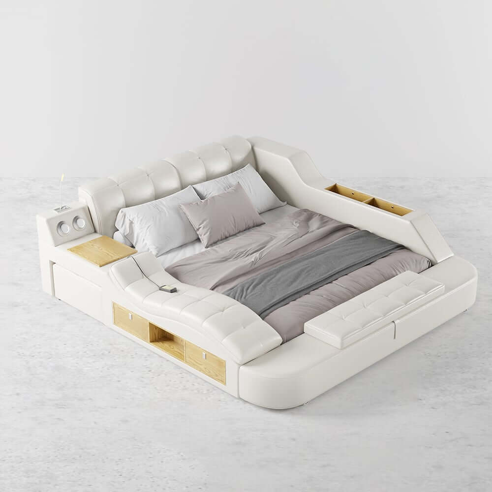 Modern White Faux Leather King Platform Bed With Speaker