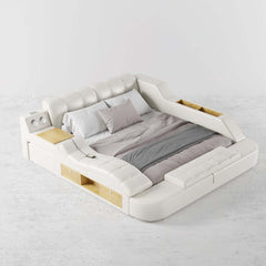 Modern White Faux Leather King Platform Bed With Speaker