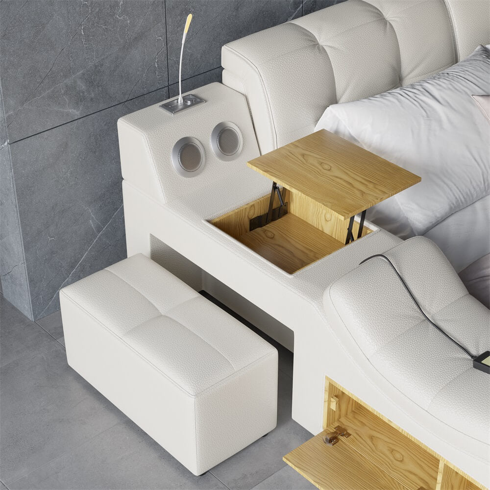 Modern White Faux Leather King Platform Bed With Speaker