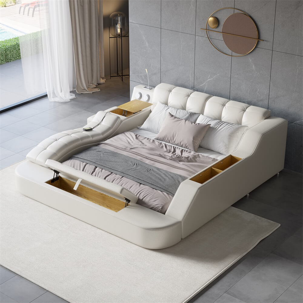 Modern White Faux Leather King Platform Bed With Speaker