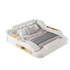 Modern White Faux Leather King Platform Bed With Speaker