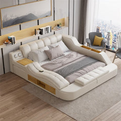 Modern White Faux Leather King Platform Bed With Speaker Main Product Image