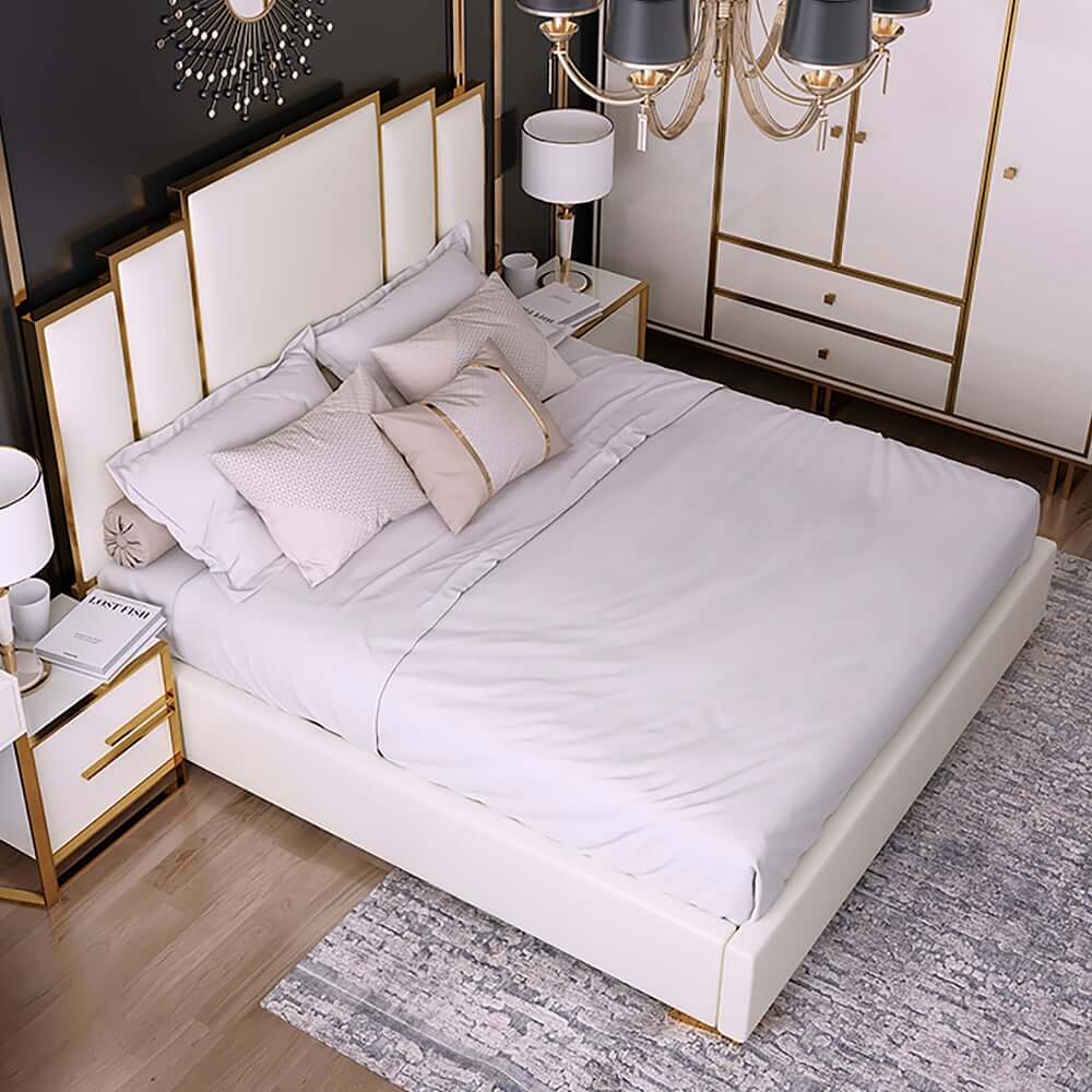 Modern White Faux Leather Platform Bed With Gold Trim