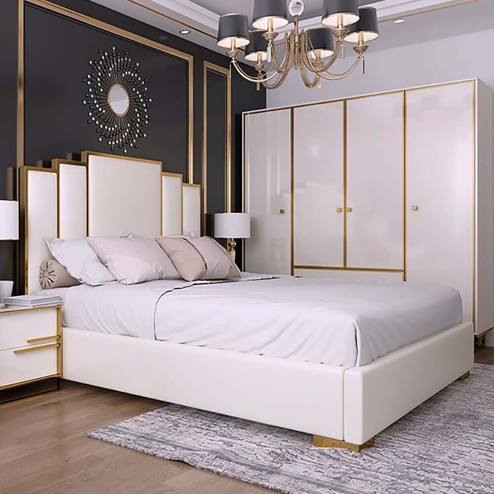 Modern White Faux Leather Platform Bed With Gold Trim