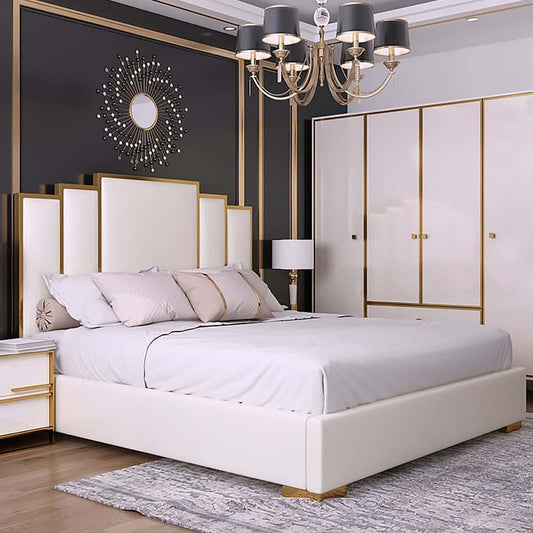 Modern White Faux Leather Platform Bed With Gold Trim