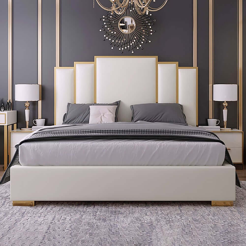 Modern White Faux Leather Platform Bed With Gold Trim Main Product Image