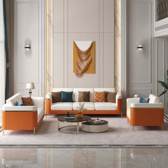 Modern White Faux Leather Sofa Set With Gold Legs