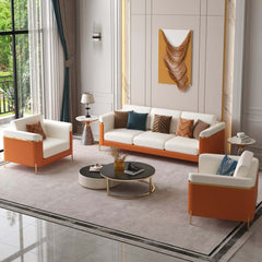 Modern White Faux Leather Sofa Set With Gold Legs