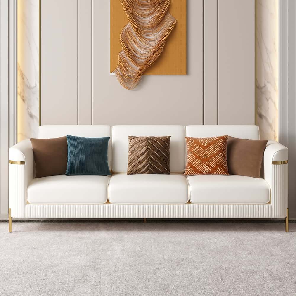 Modern White Faux Leather Sofa Set With Gold Legs