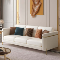 Modern White Faux Leather Sofa Set With Gold Legs
