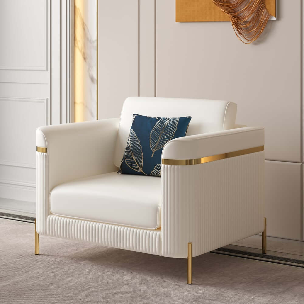 Modern White Faux Leather Sofa Set With Gold Legs