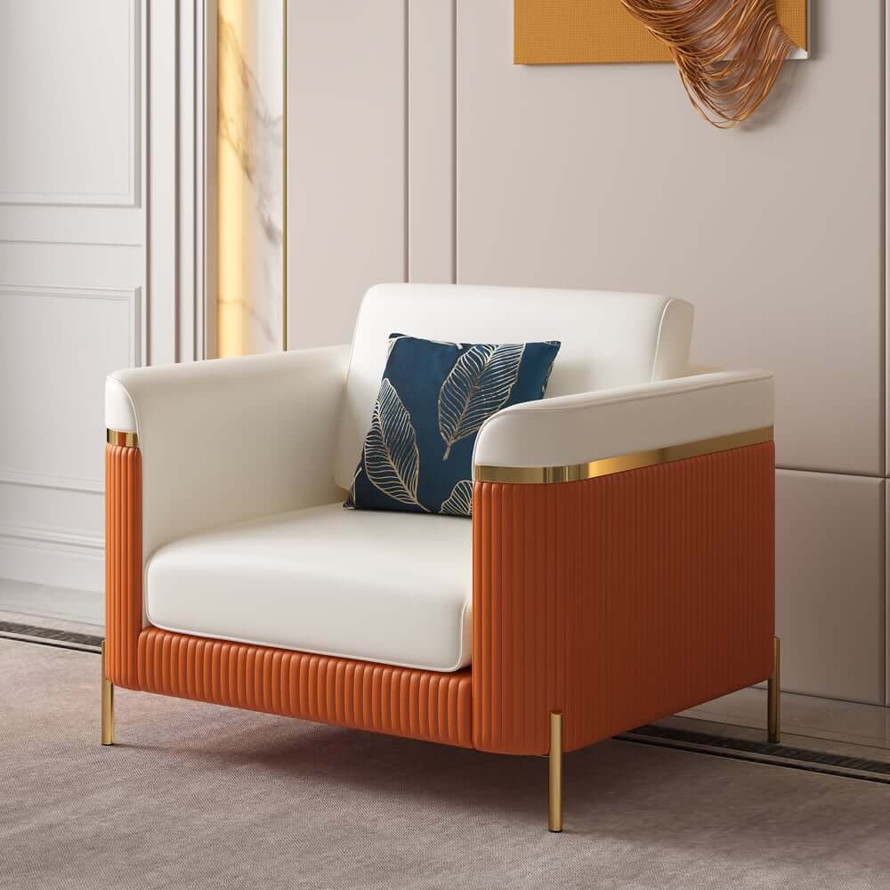 Modern White Faux Leather Sofa Set With Gold Legs