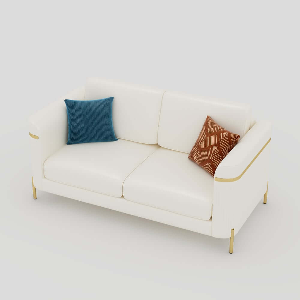 Modern White Faux Leather Sofa Set With Gold Legs