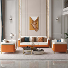 Modern White Faux Leather Sofa Set With Gold Legs