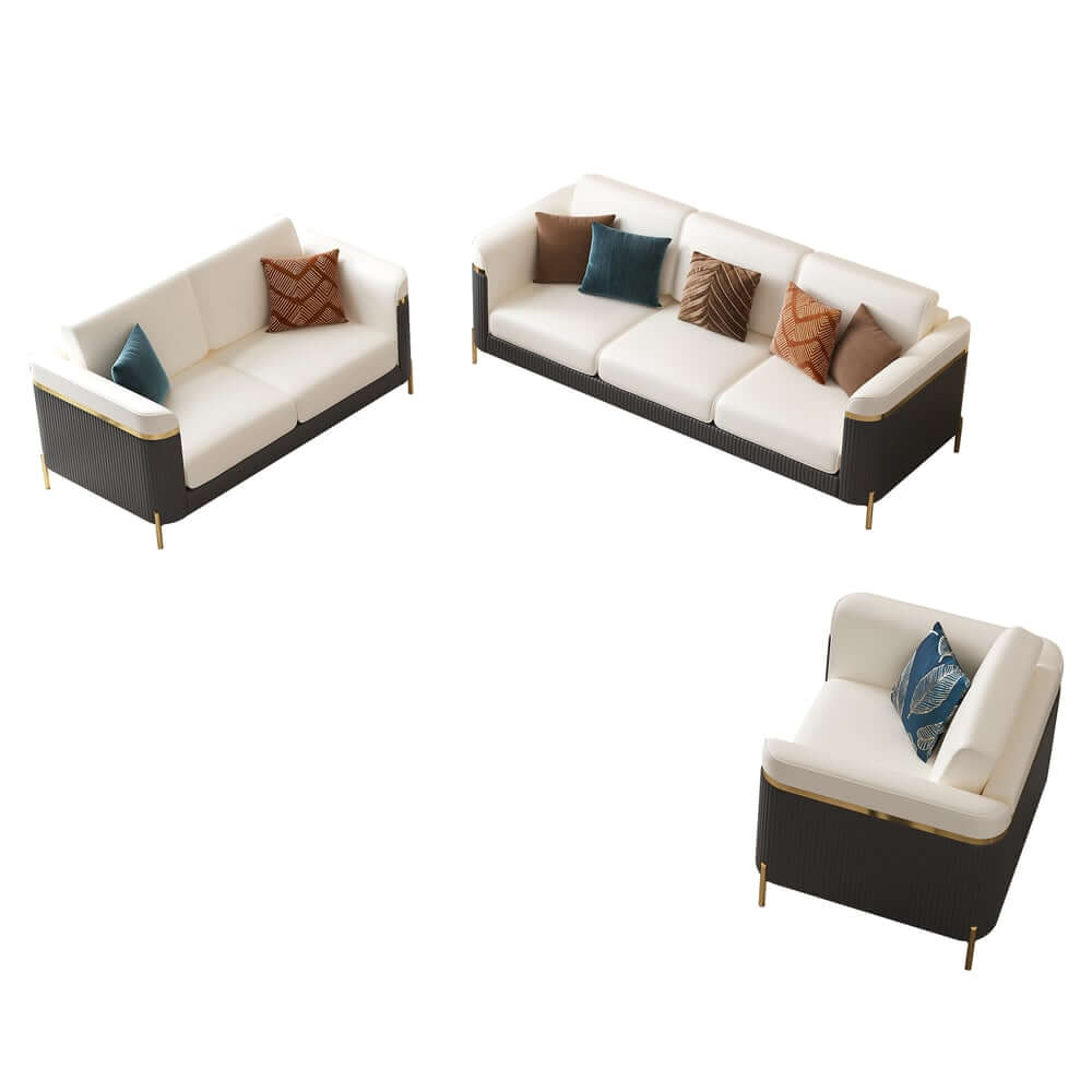 Modern White Faux Leather Sofa Set With Gold Legs